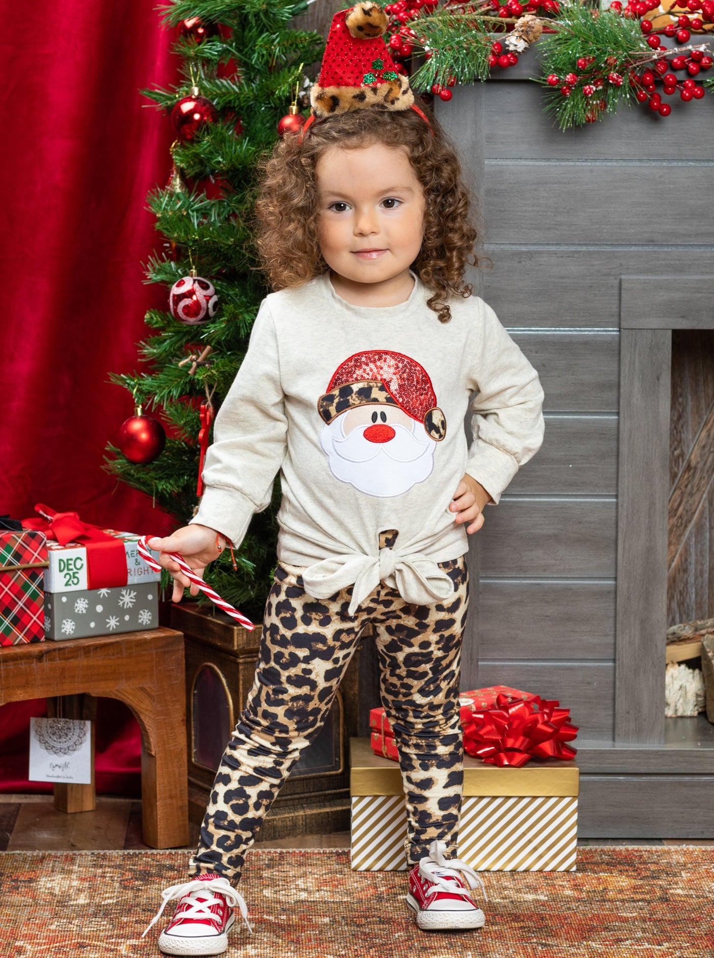 Toddler Christmas Outfit | Santa Knot Hem Top & Leopard Legging Set