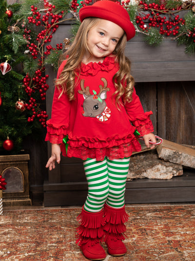 Cute Winter Sets | Girls Rudolph Ruffle Tunic And Striped Legging Set