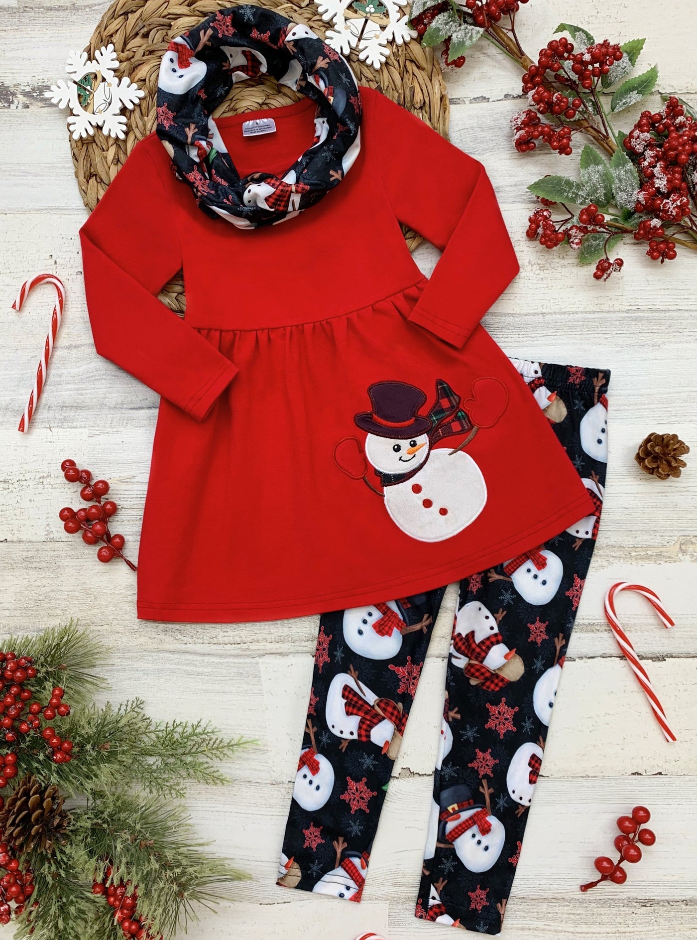 Cute Winter Sets | Girls Snowman Holiday Tunic, Scarf & Legging Set