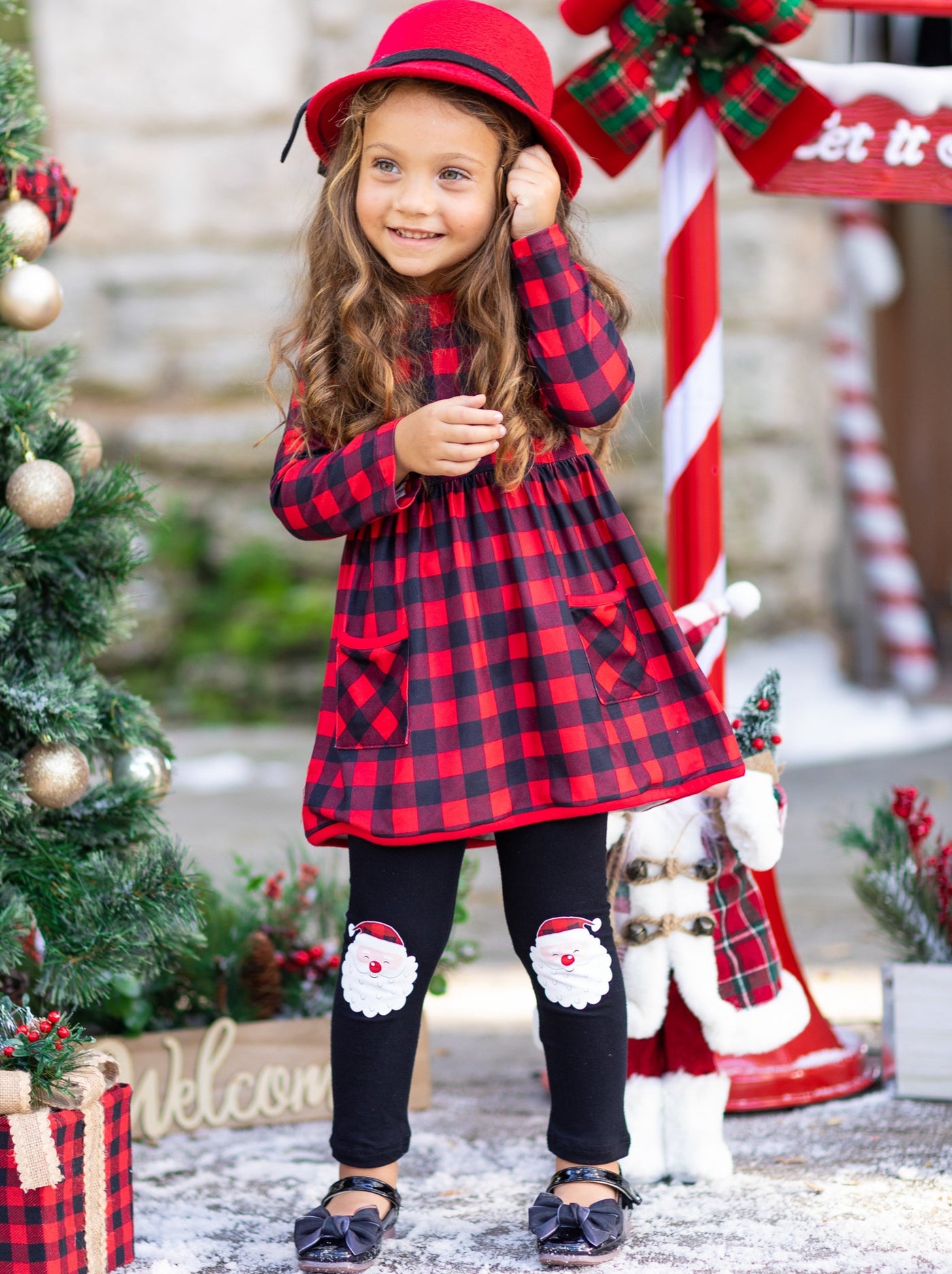 Cute Winter Sets | Girls Plaid Pocket Tunic & Santa Patch Legging Set