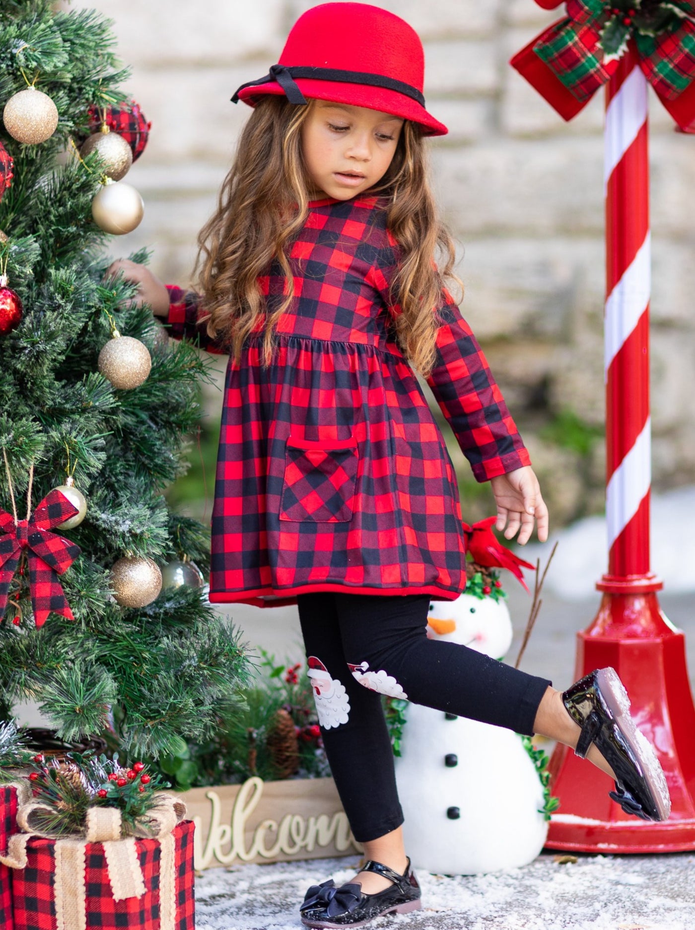 Cute Winter Sets | Girls Plaid Pocket Tunic & Santa Patch Legging Set