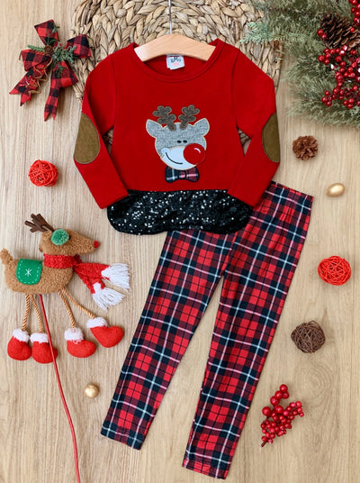Cute Winter Sets | Reindeer Sequin Hem Top And Plaid Leggings Set