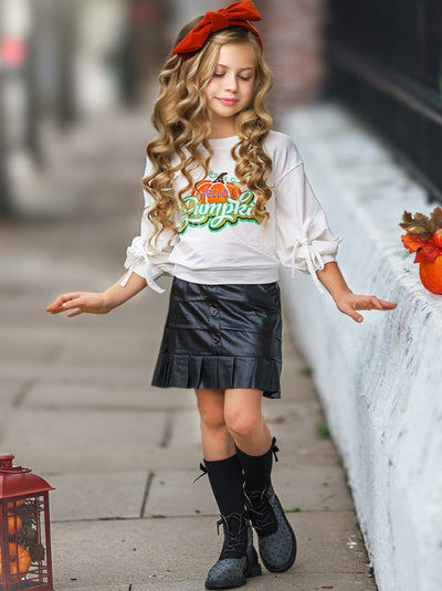Girls Fall Outfits | Pumpkin Top & Satin Skirt Set - Mia Belle Girls