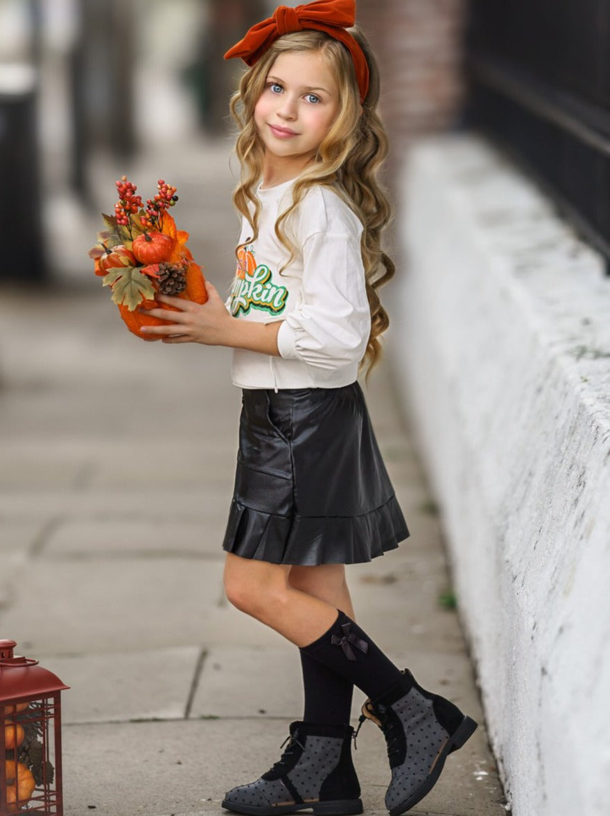 Girls Fall Outfits | Pumpkin Top & Satin Skirt Set - Mia Belle Girls