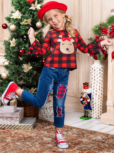 Cute Winter Sets | Girls Reindeer Plaid Top and Patched Jeans Set