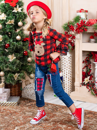 Cute Winter Sets | Girls Reindeer Plaid Top and Patched Jeans Set