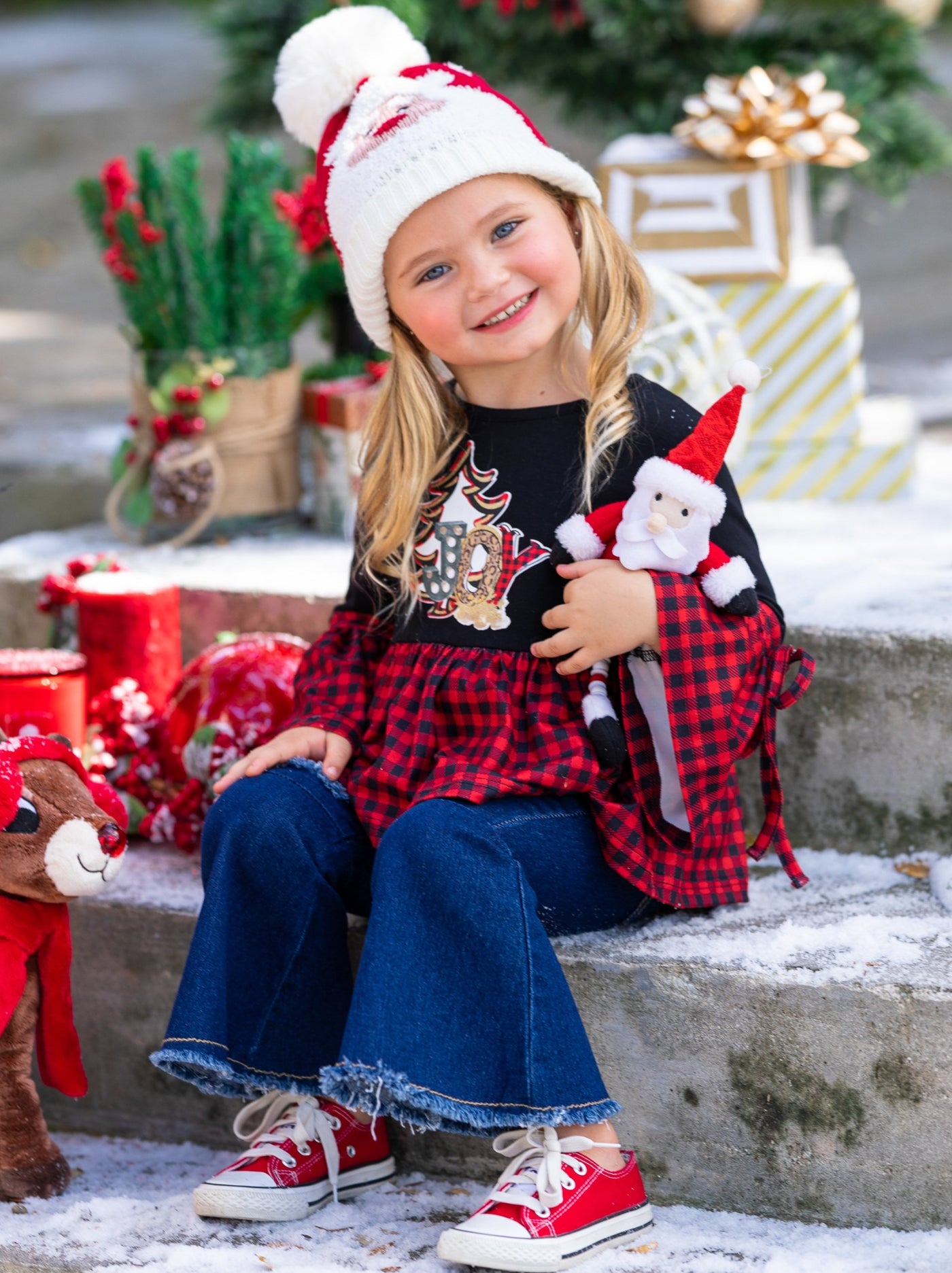 Cute Winter Sets | Girls Joy Plaid Patched Bell Bottom Jeans Set