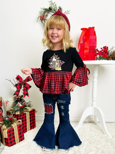 Cute Winter Sets | Girls Joy Plaid Patched Bell Bottom Jeans Set