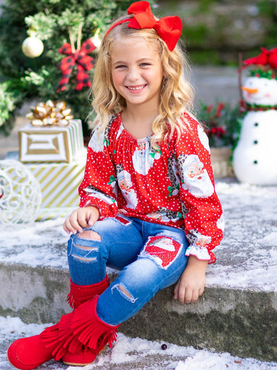 Cute Winter Sets | Girls Snowy Santa Tunic and Patched Jeans Set