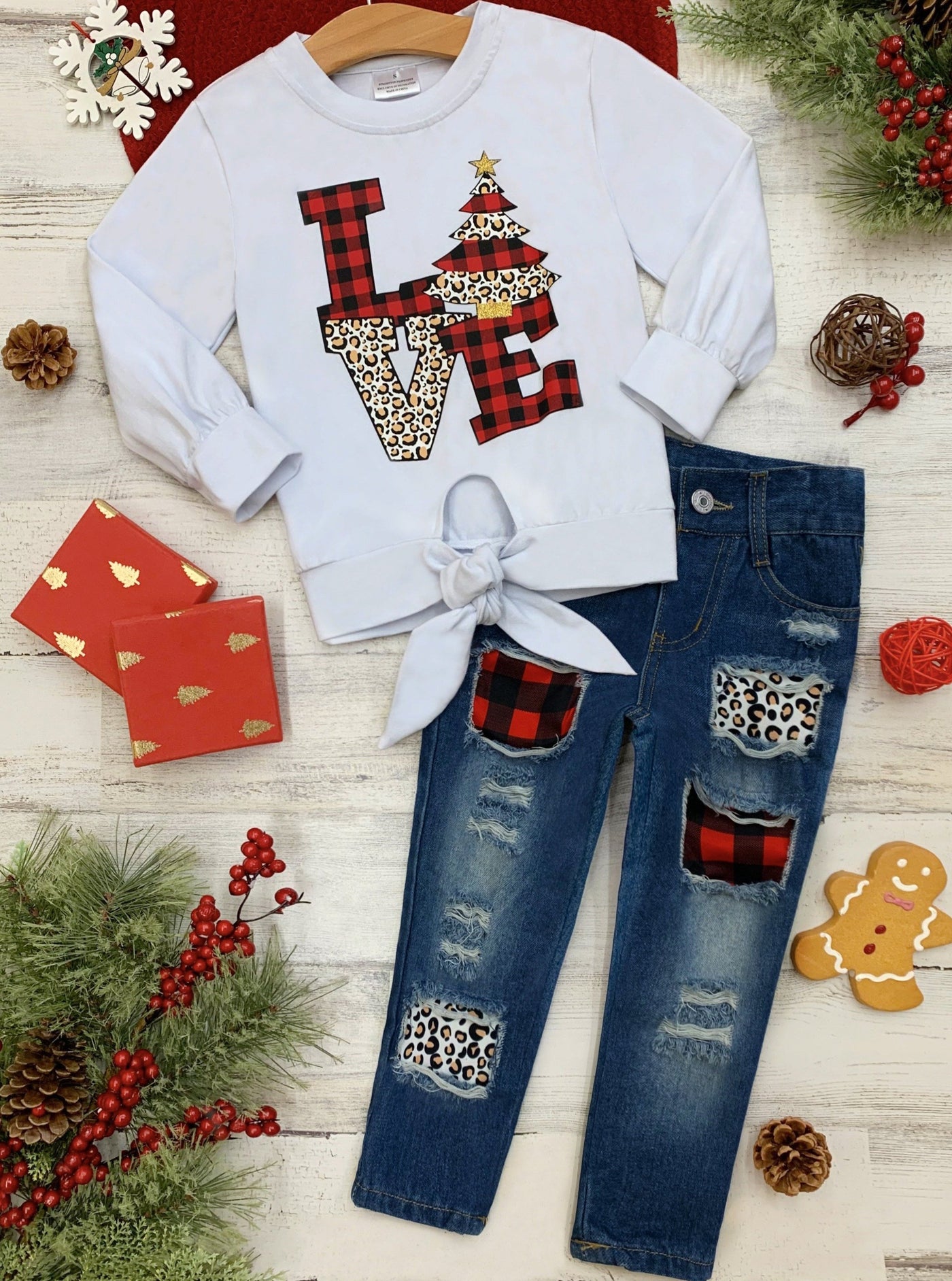 Cute Winter Sets | Girls Love Christmas Knot Top & Patched Jeans Set