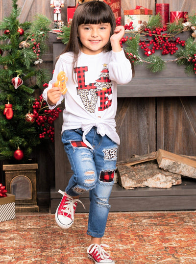 Cute Winter Sets | Girls Love Christmas Knot Top & Patched Jeans Set