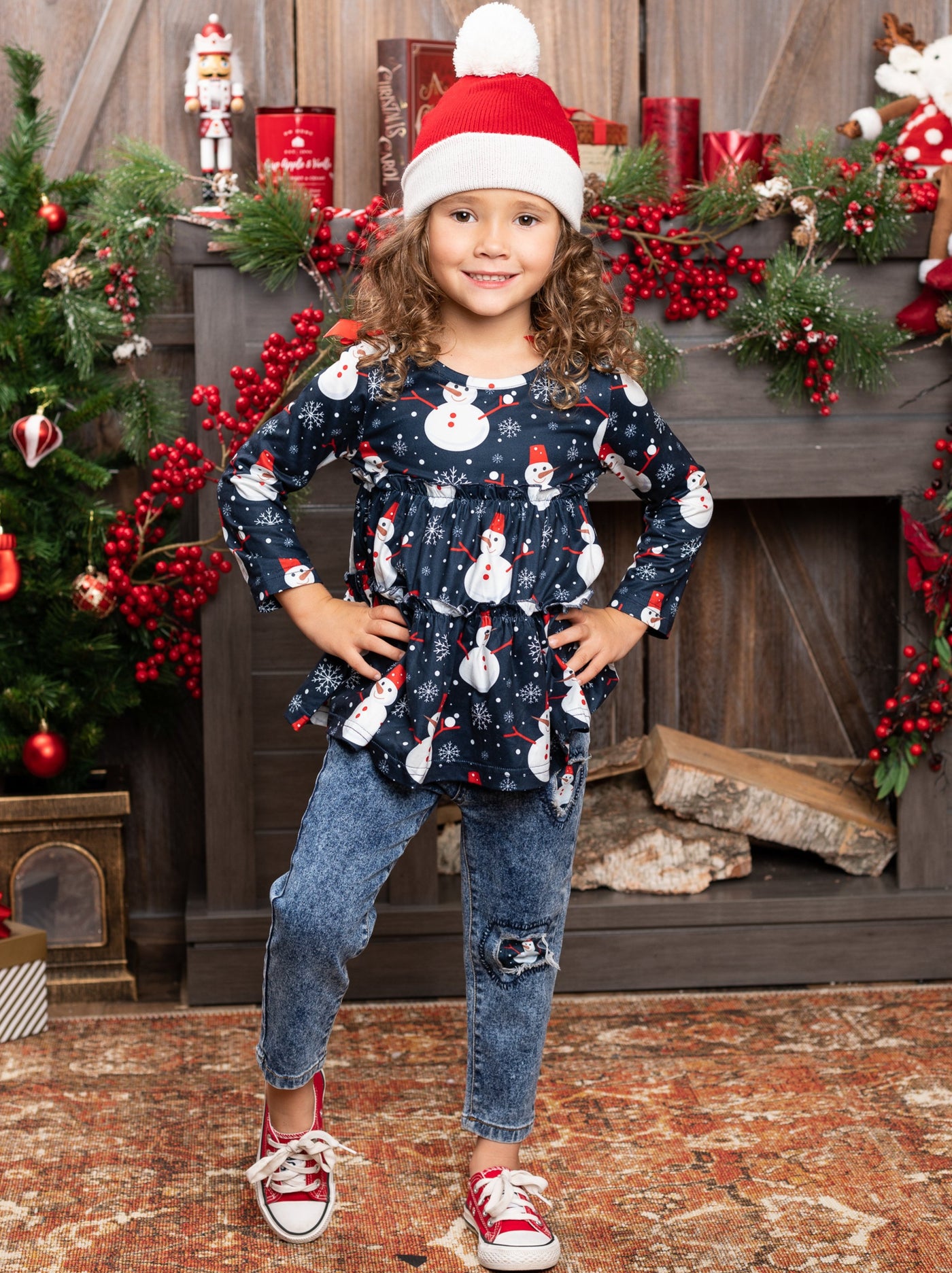 Cute Winter Sets | Girls Snowman Ruffled Top & Patched Jeans Set