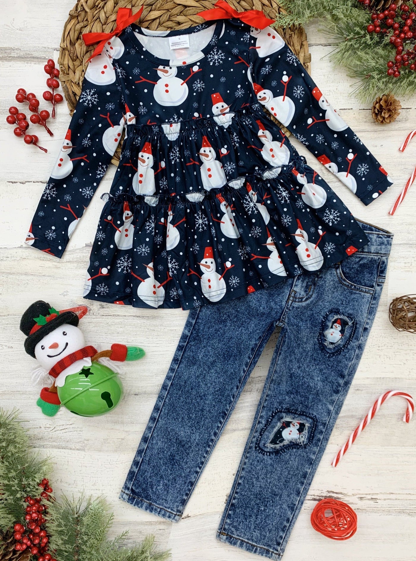 Cute Winter Sets | Girls Snowman Ruffled Top & Patched Jeans Set