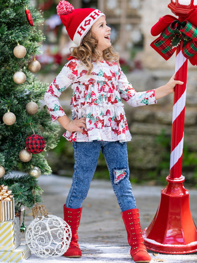 Cute Winter Sets | Christmas Scene Ruffled Top and Patched Jeans Set 