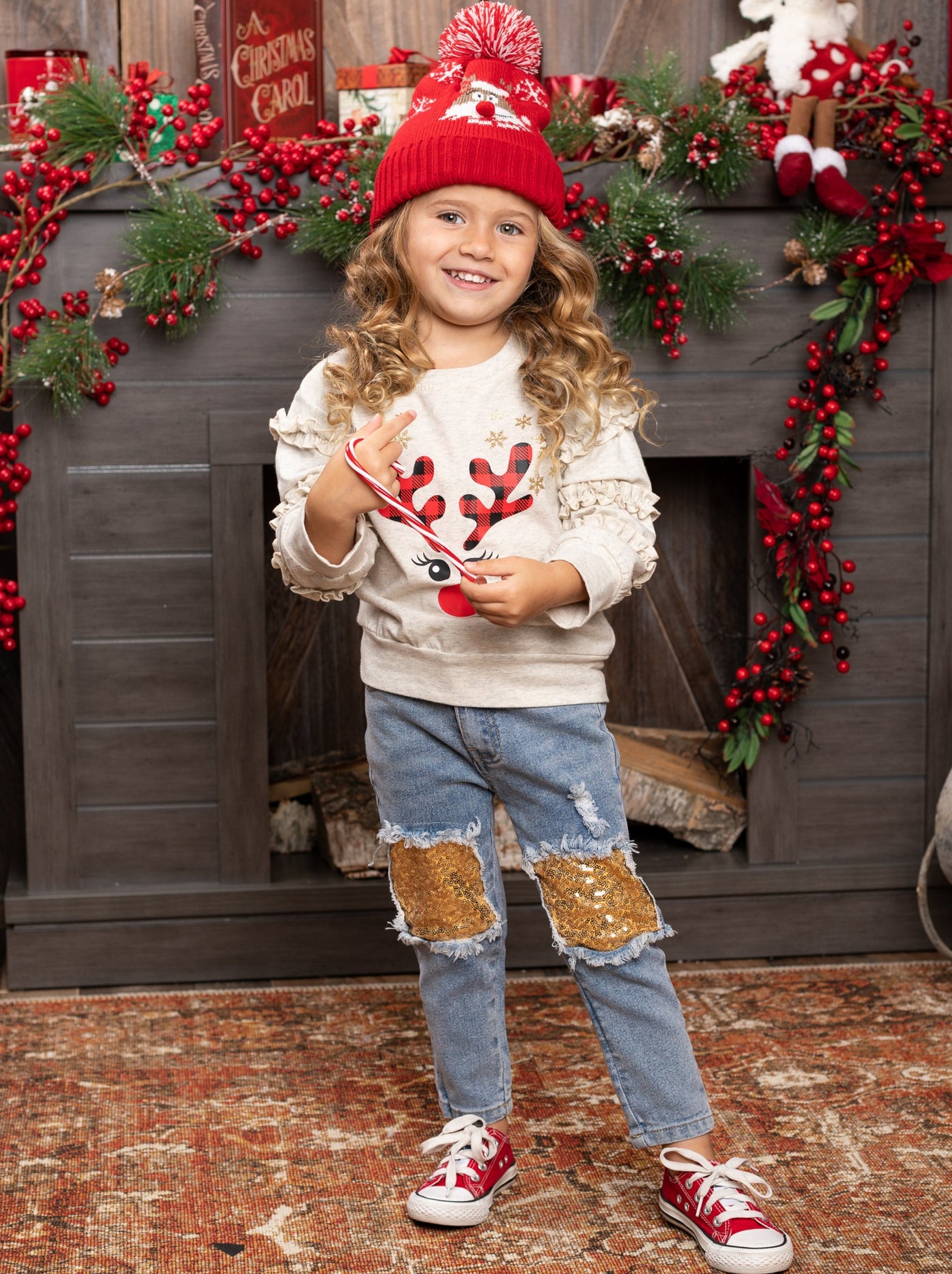 Cute Winter Sets | Reindeer Ruffle Sweatshirt & Sequin Patch Jeans Set ...