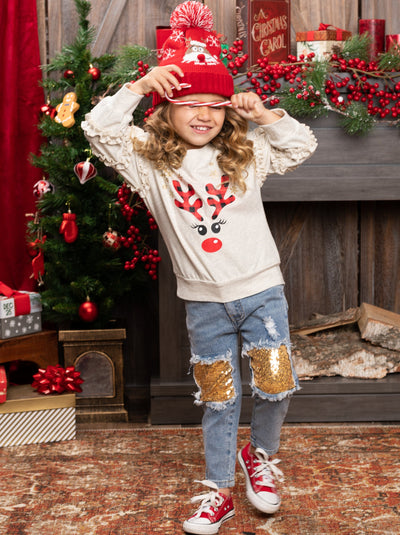 Cute Winter Sets | Reindeer Ruffle Sweatshirt & Sequin Patch Jeans Set