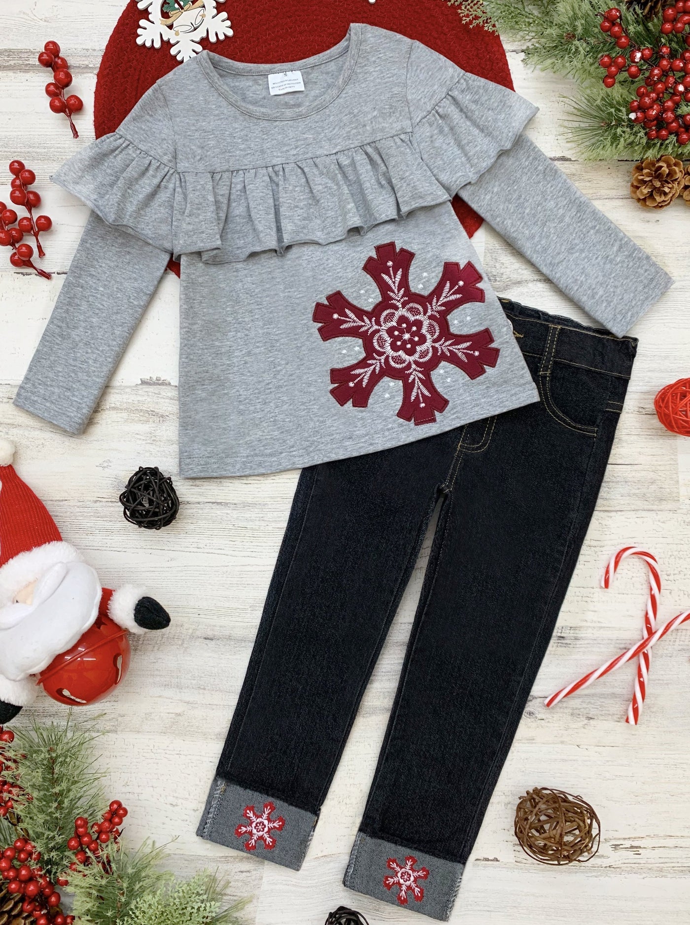 Cute Winter Sets | Girls Snowflake Ruffle Bub Top and Cuffed Jeans Set