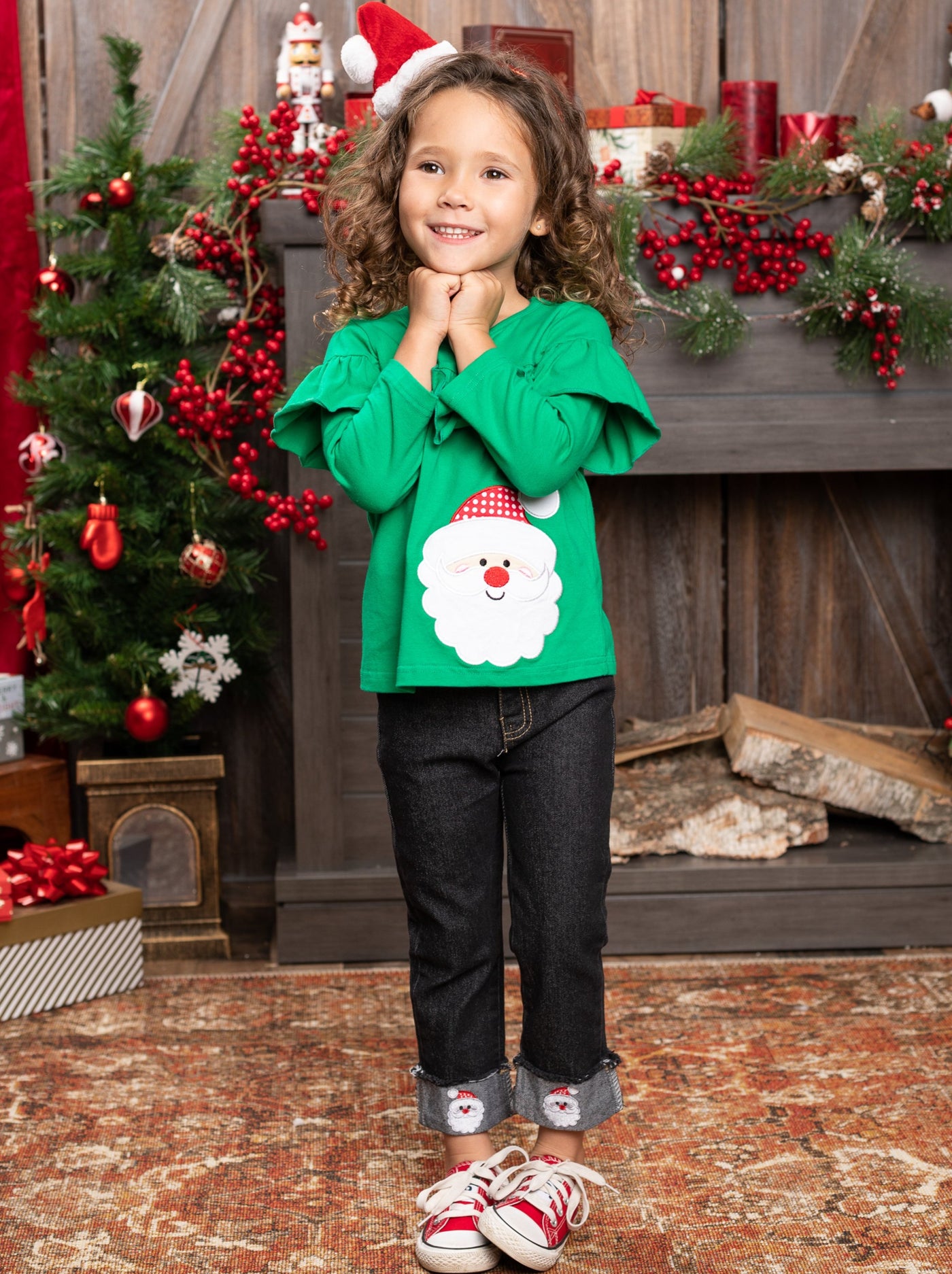 Cute Winter Sets | Girls Santa Ruffle Bib Top And Cuffed Jeans Set