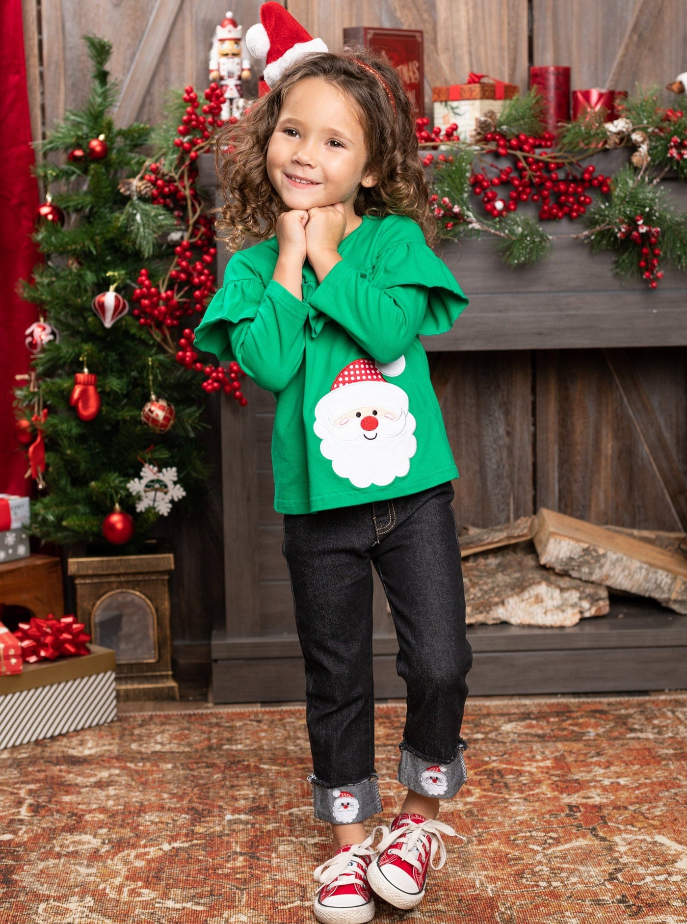 Cute Winter Sets | Girls Santa Ruffle Bib Top And Cuffed Jeans Set
