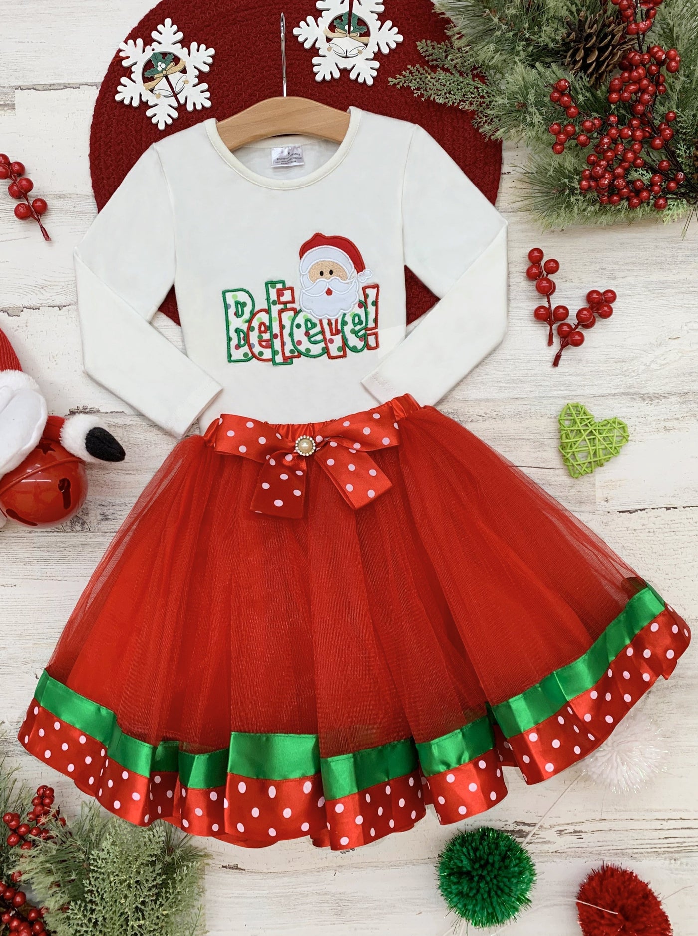 Cute Winter Sets | Girls Believe Santa Top and Holiday Tutu Skirt Set