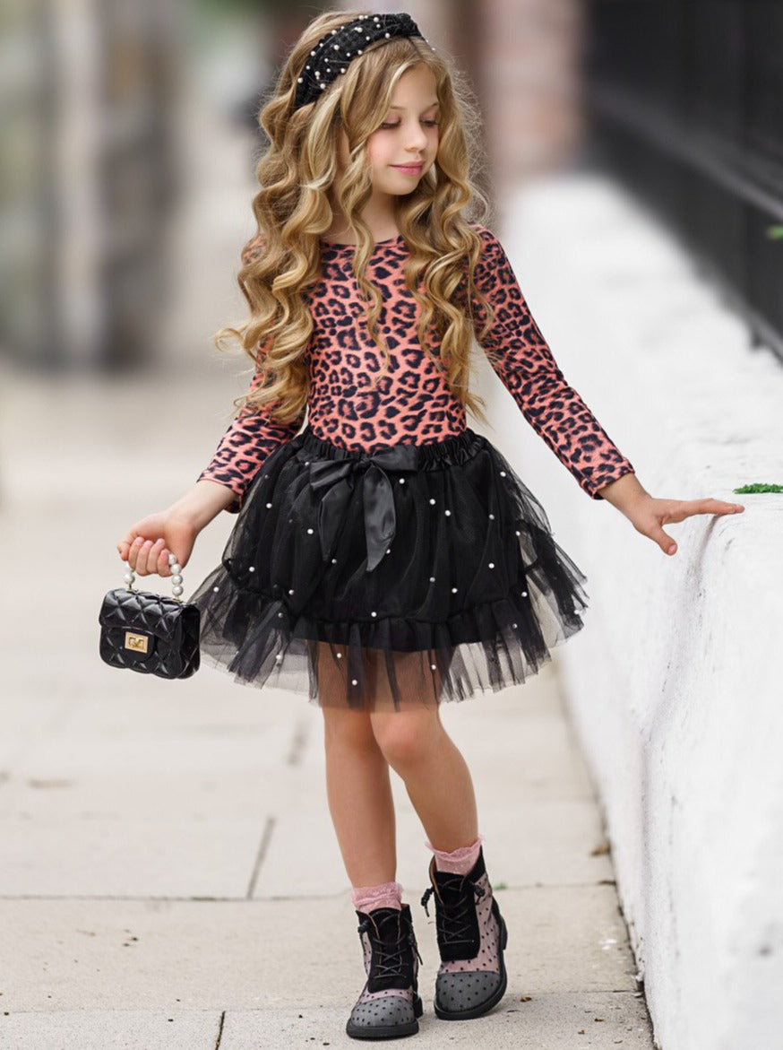 Girls Preppy Leopard Top and Pearl Tutu Skirt Set - Mia Belle Girls