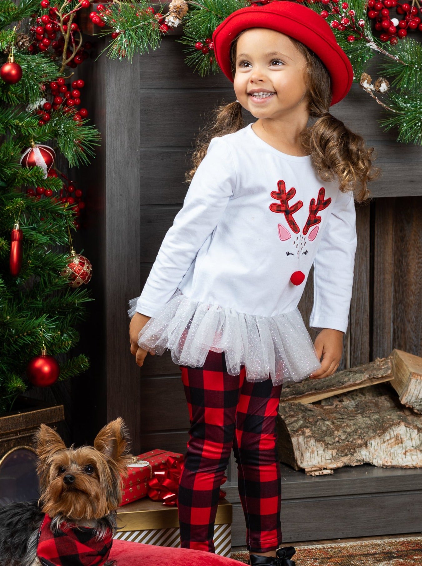 Girls Winter Casual Sets | Embroidered Reindeer Plaid Legging Set
