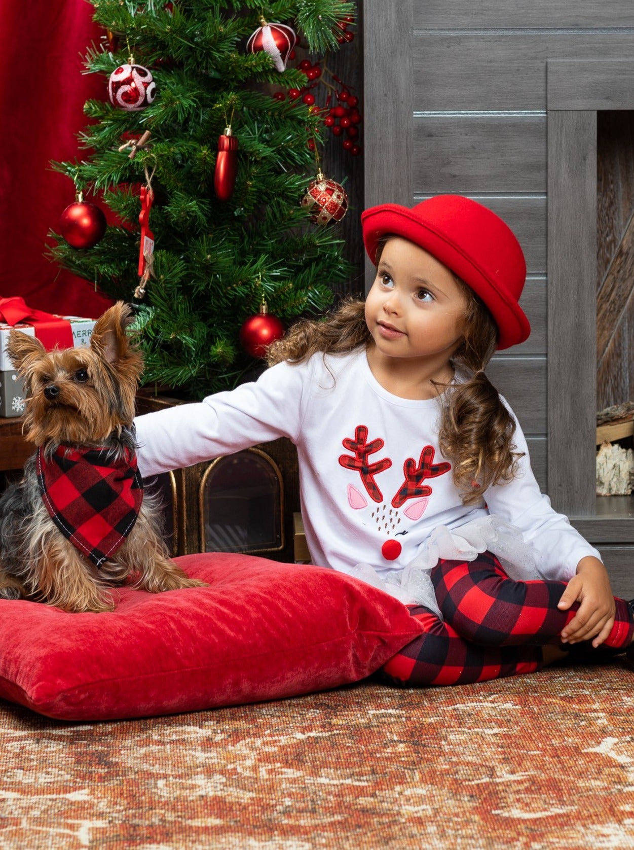 Girls Winter Casual Sets | Embroidered Reindeer Plaid Legging Set