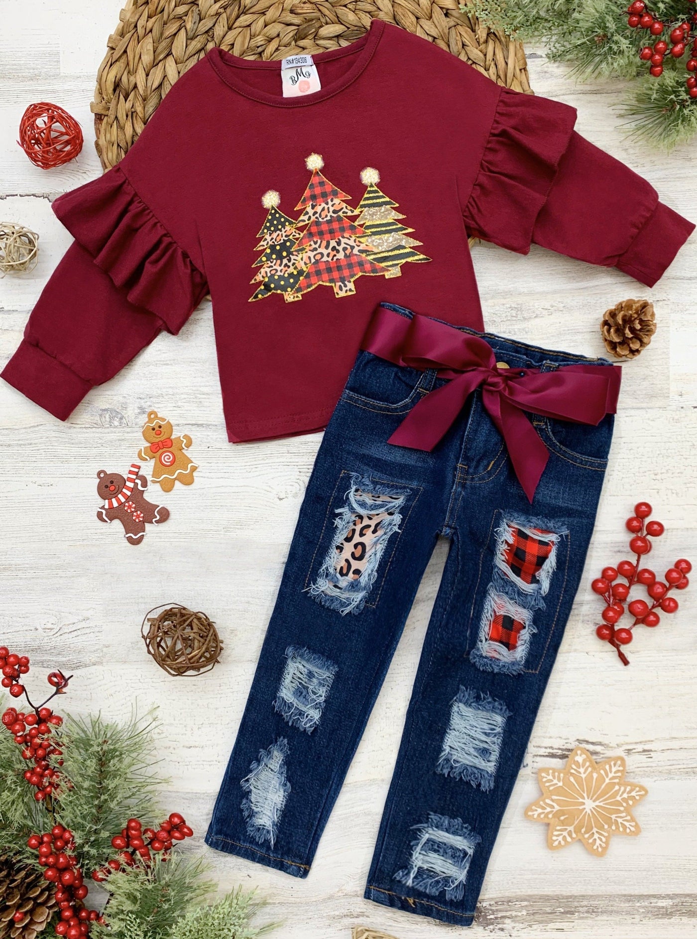 Cute Winter Sets | Girls Ruffle Sleeve Sweatshirt & Patched Jeans Set