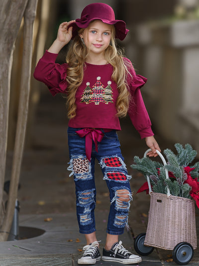 Cute Winter Sets | Girls Ruffle Sleeve Sweatshirt & Patched Jeans Set