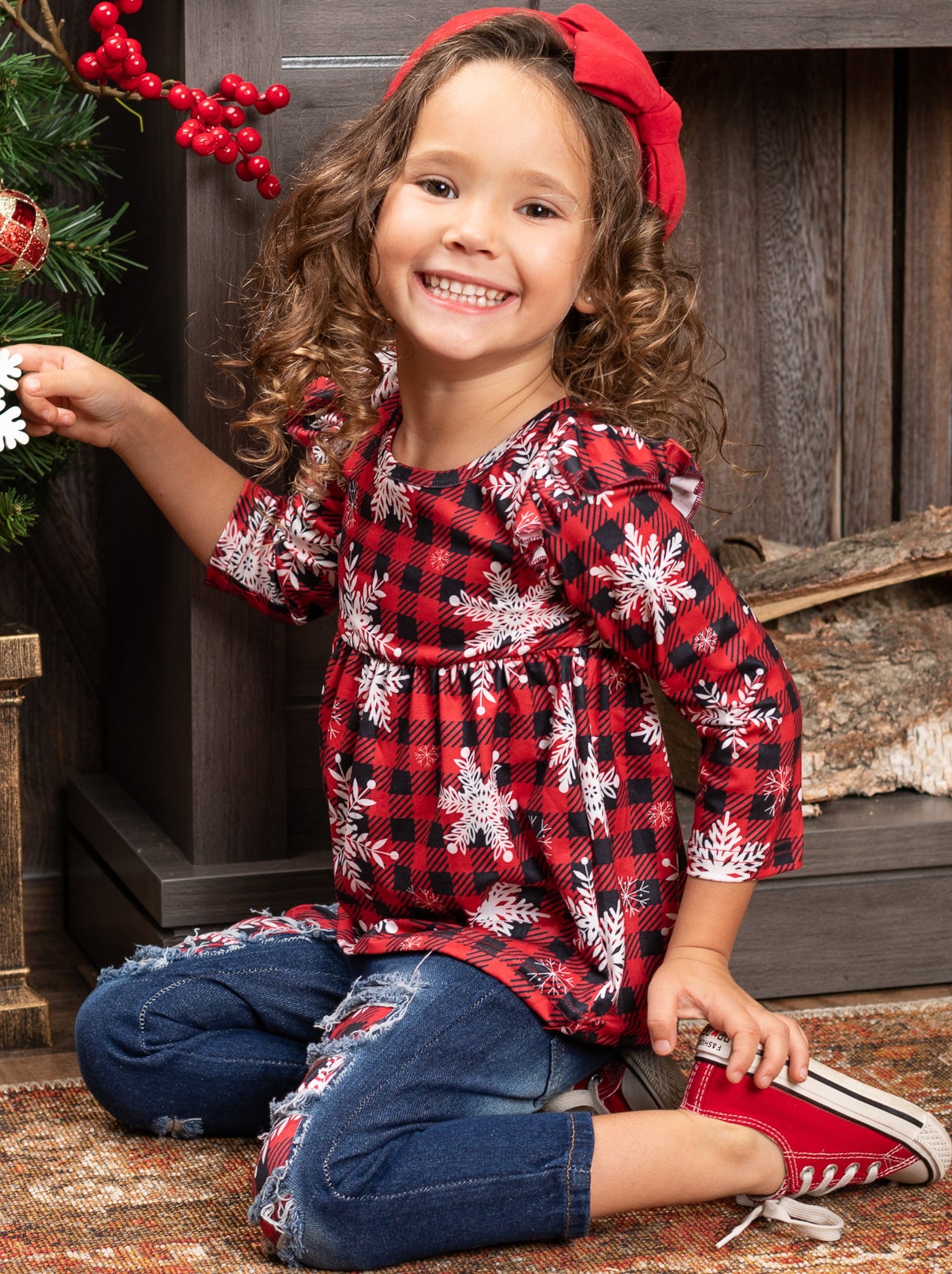 Cute Winter Sets | Girls Snow Plaid Ruffle Tunic And Patched Jeans Set