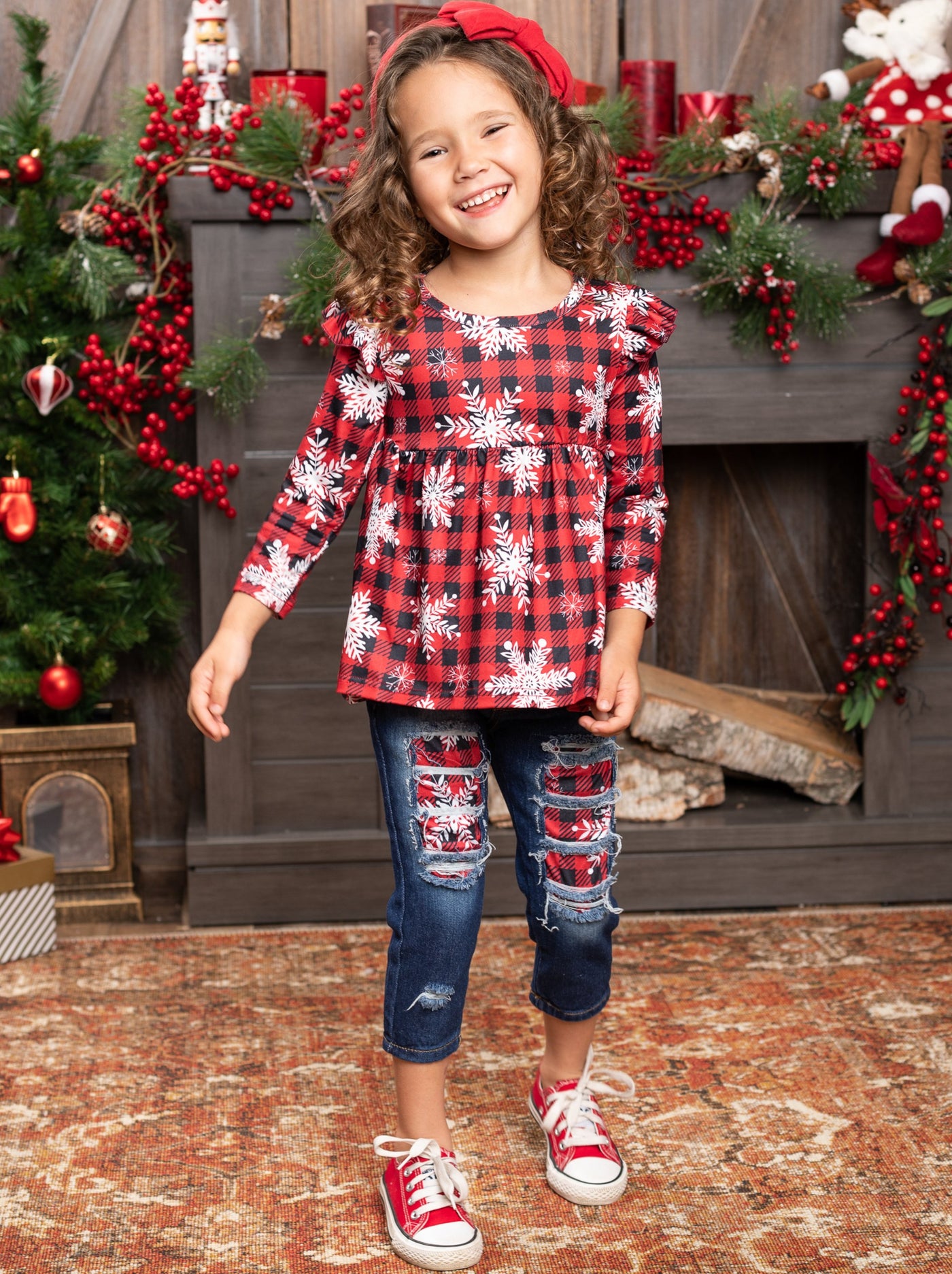 Cute Winter Sets | Girls Snow Plaid Ruffle Tunic And Patched Jeans Set