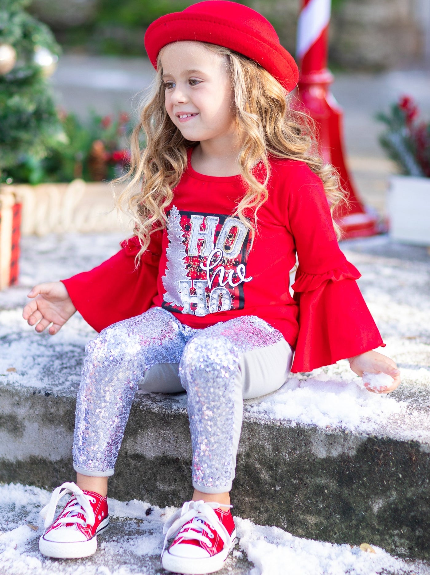 Cute Winter Sets | Girls Ho Ho Ho Bell Sleeve Top & Sequin Legging Set