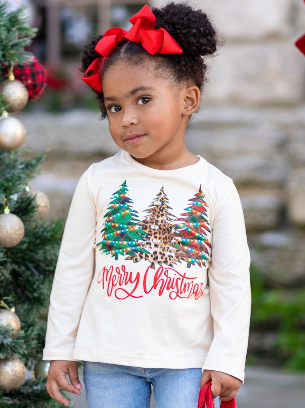 Cute Winter Tops | Girls Merry Christmas Tree Lights Long Sleeved Top
