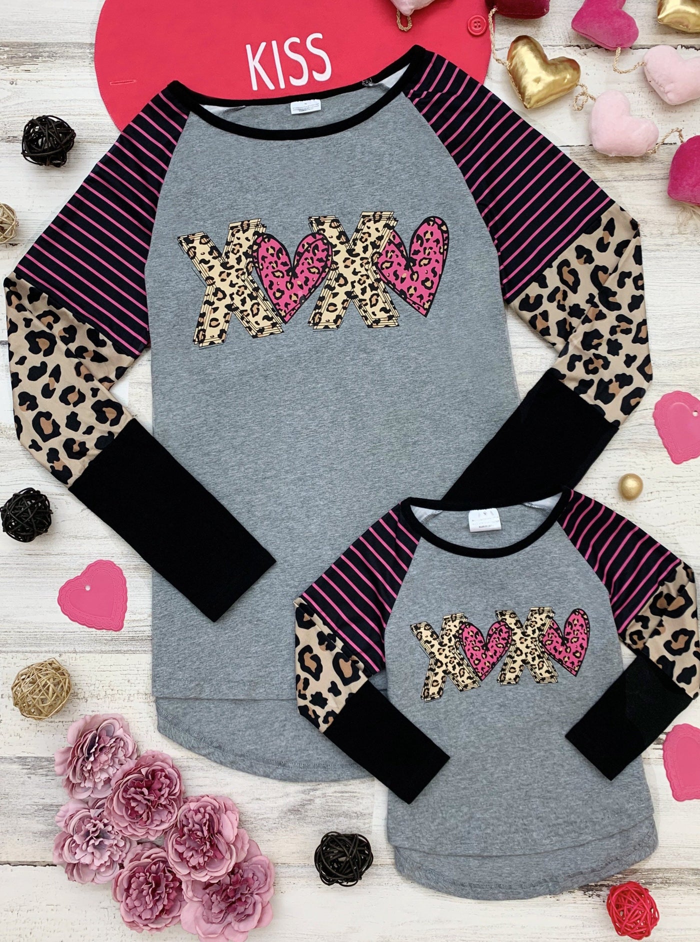 Mommy and Me XOXO Striped Leopard Long Sleeved Top