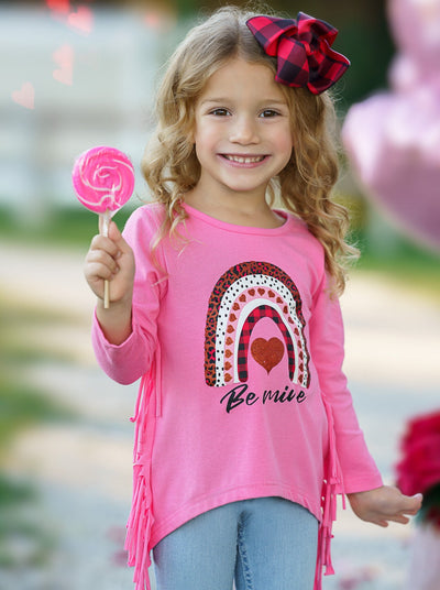 Kids Valentine's Tops | Girls Rainbow Be Mine Shark Tooth Fringe Top