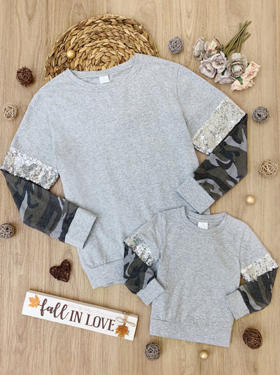 Mommy & Me Sweaters | Sequin Camo Sleeve Sweater | Mia Belle Girls