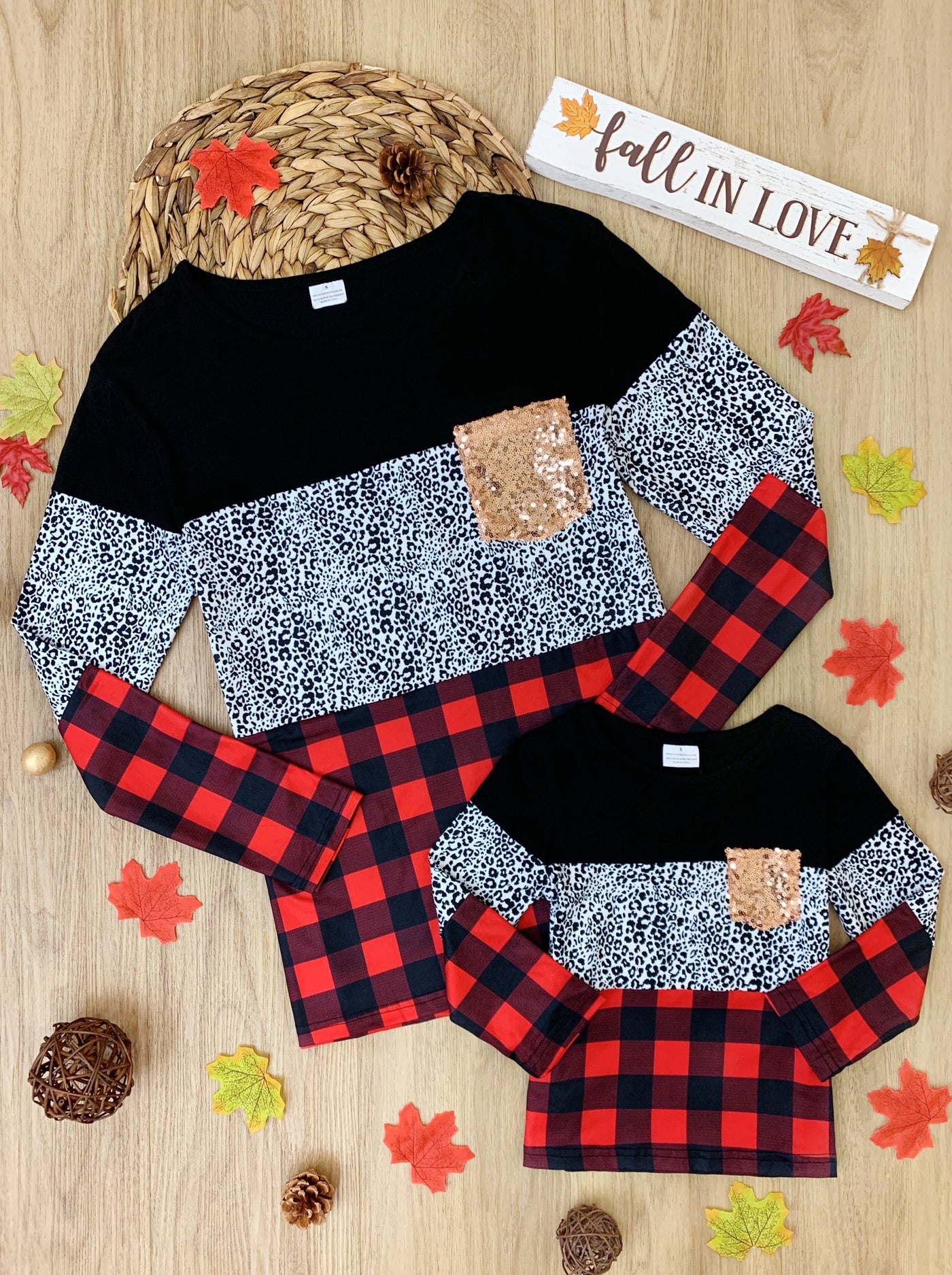 Mother-daughter matching Fall long-sleeve colorblock top with black, leopard print, and plaid print fabric and a gold sequin chest pocket - Mia Belle Girls
