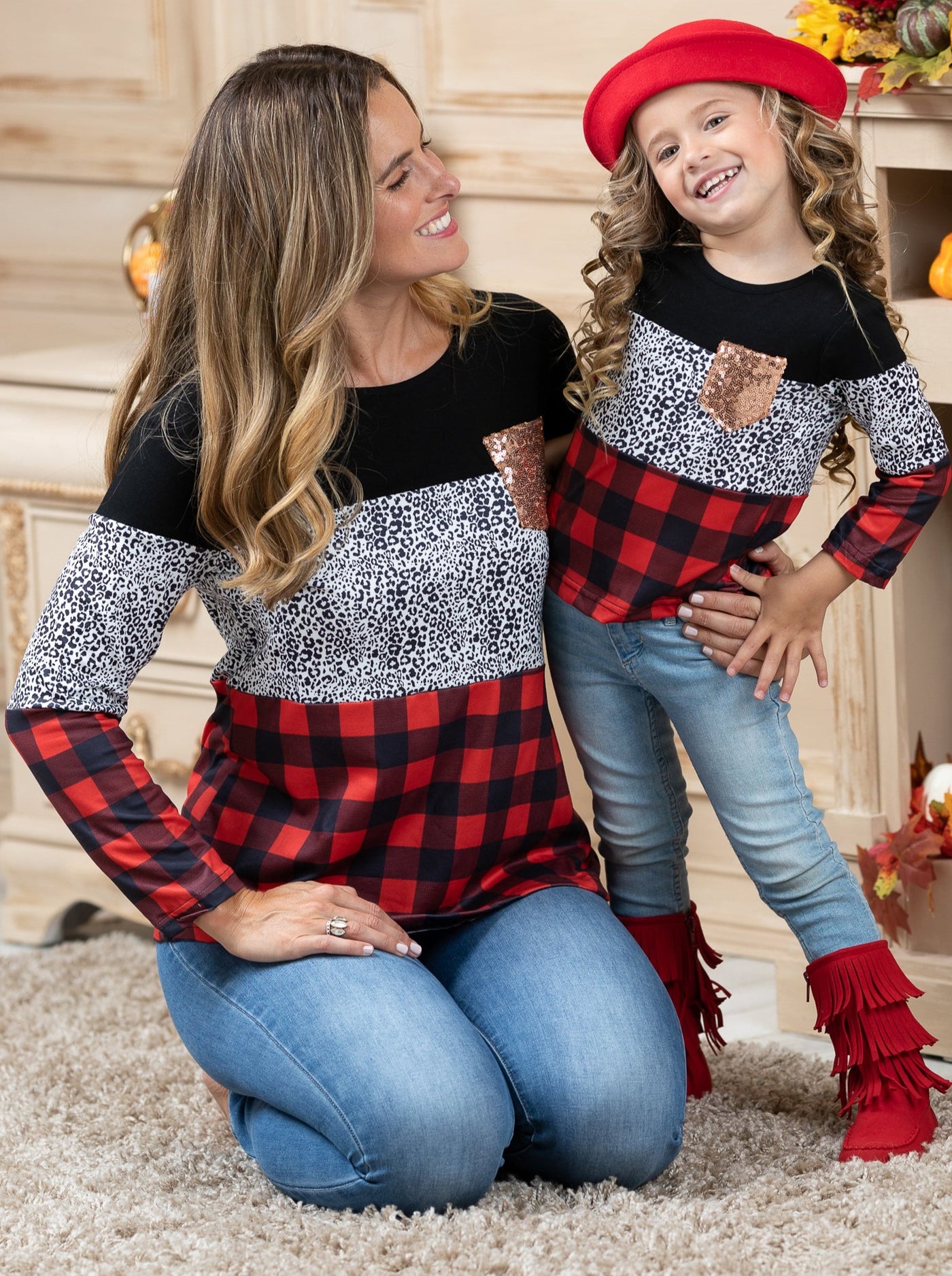 Mommy and Me Matching Fall Top | Leopard and Plaid Colorblock Top