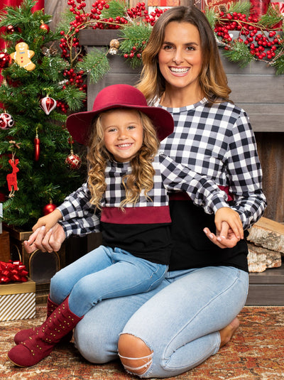 Mommy and Me Matching Tops | Checker Plaid Colorblock Long Sleeve Top