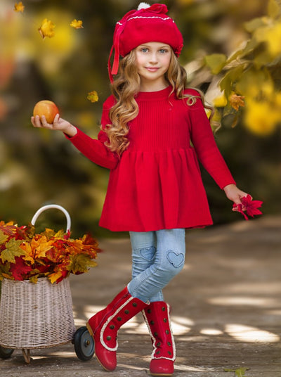 Girls Sweaters | Red Cozy Cable Knit Tunic Sweater | Mia Belle Girls