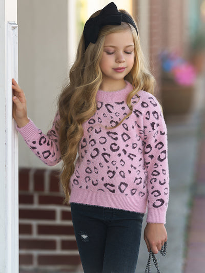 Cozy Winter Sweaters | Girls Leopard Print Plush Fuzzy Sweater