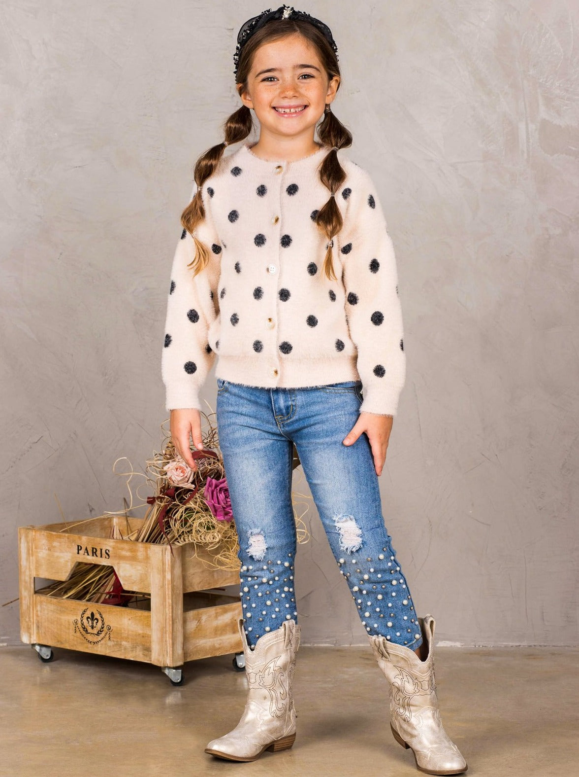 Kids Sweaters | Polka Dot Fuzzy Buttoned Cardigan | Mia Belle Girls