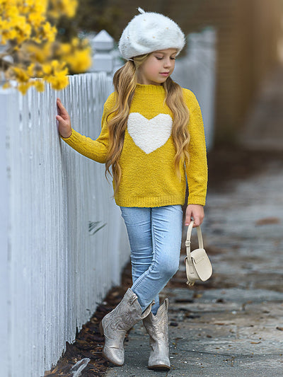 Toddler Valentine's Day Tops | Little Girls Heart Fuzzy Yellow Sweater