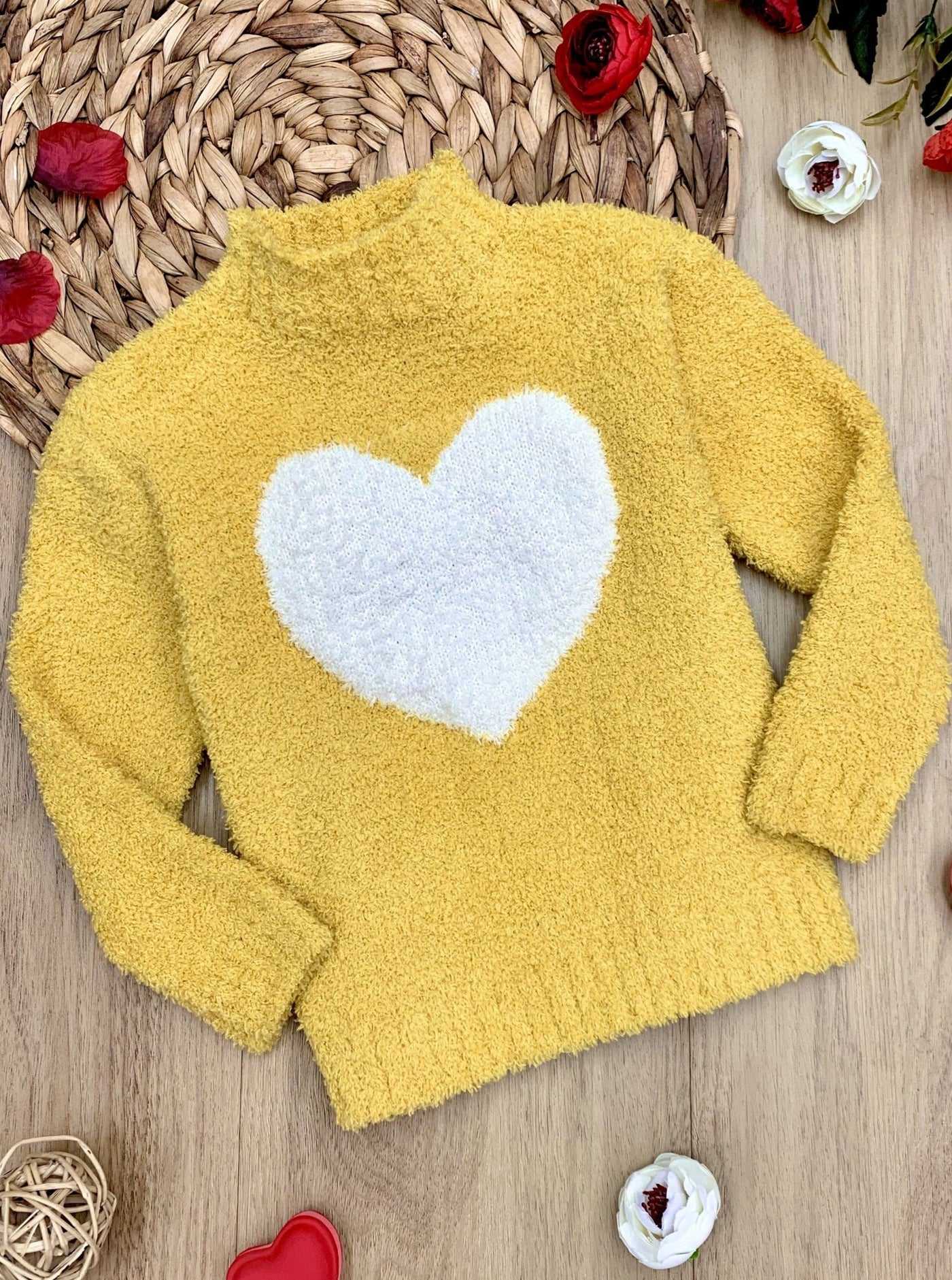 Toddler Valentine's Day Tops | Little Girls Heart Fuzzy Yellow Sweater