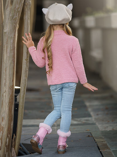 Toddler Valentine's Day Tops | Little Girls Pink Heart Fuzzy Sweater