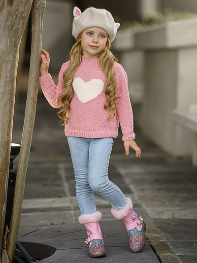 Toddler Valentine's Day Tops | Little Girls Pink Heart Fuzzy Sweater