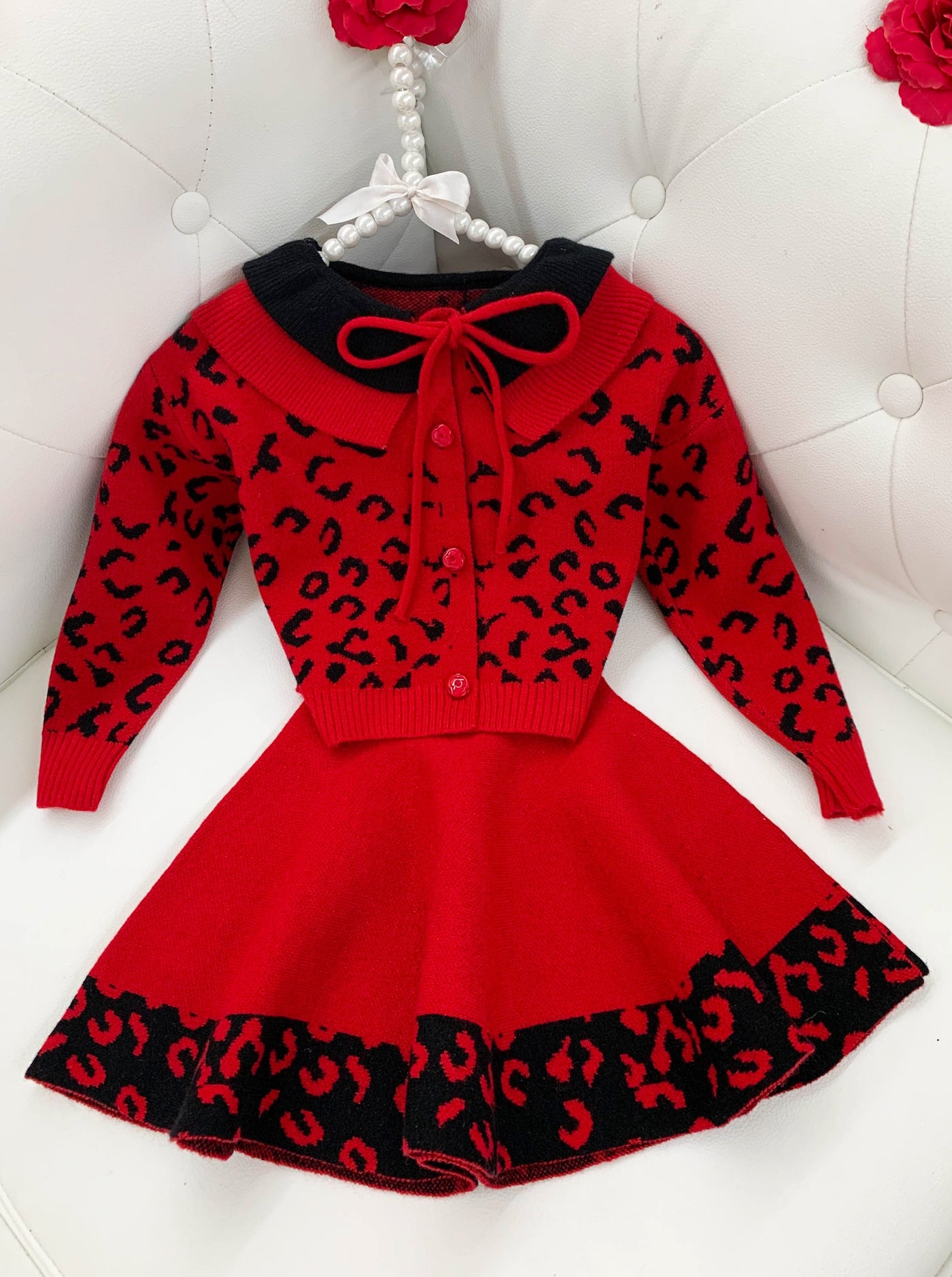 Girls Leopard red and black Collared Buttoned Cardigan and Skirt Set