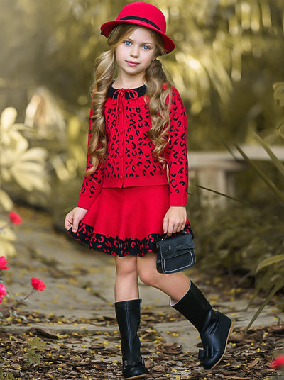 Girls Leopard Collared Buttoned Cardigan and Skirt Set