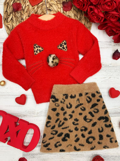 Feline Fierce Sweater and Leopard Skirt Set 2T-10Y red