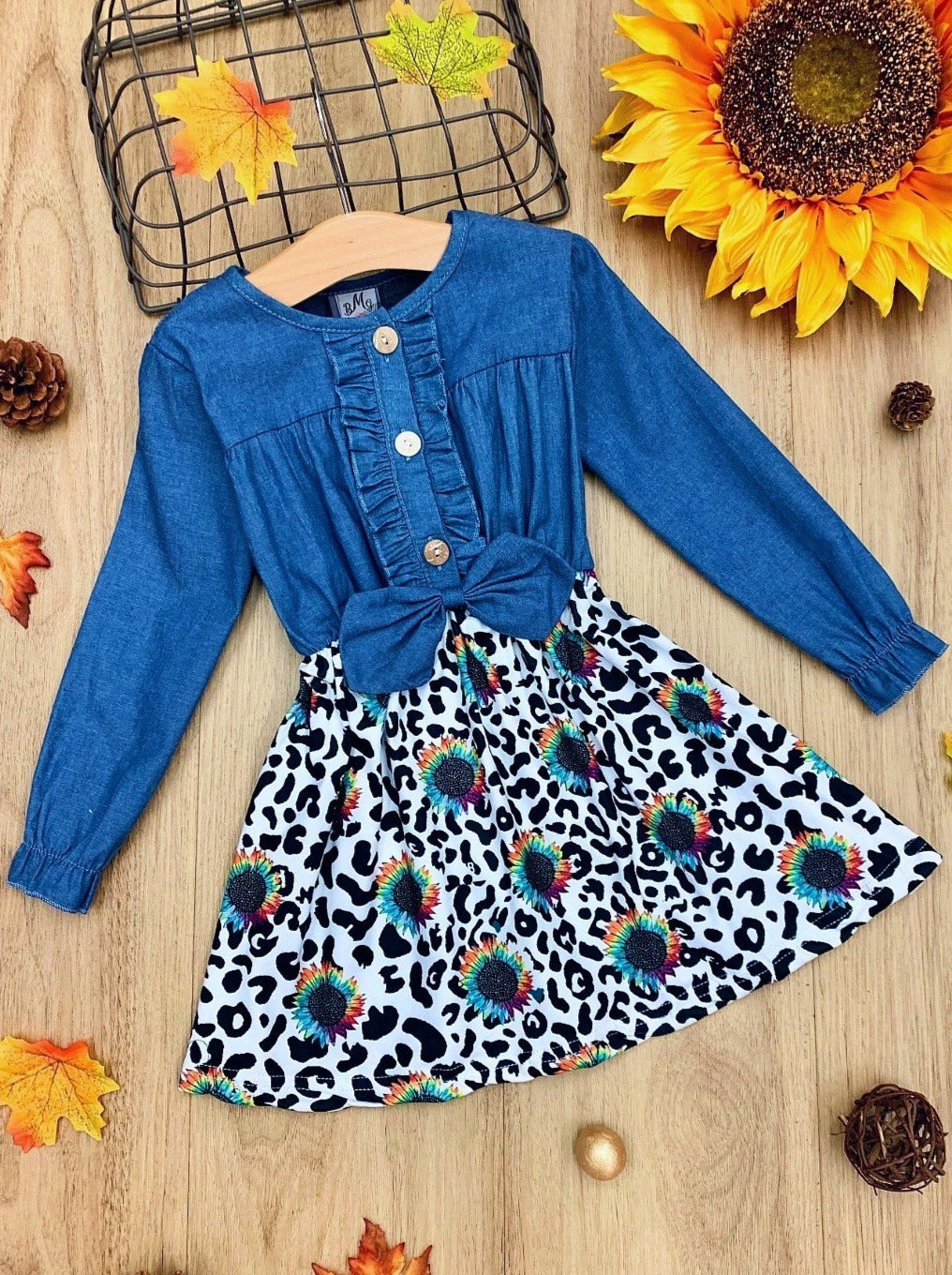 Girls Long Sleeve Denim Bodice, Leopard Sunflower Print Skirt Dress